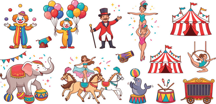 Cute cartoon vintage circus elements vector set with performers tent animals clowns and acrobats