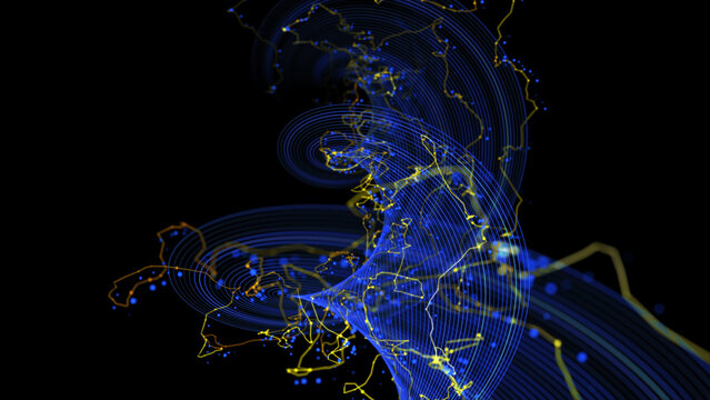 Abstract animation background from  spiral blue grid of force field with chaotic noisy line connecting dots. Concept technology, science and medical visualisation.