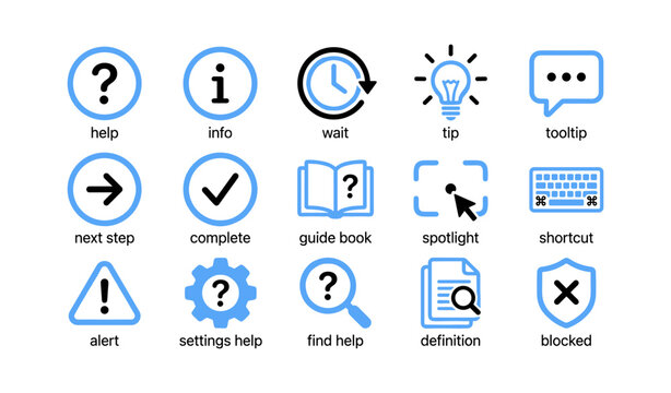 Help and interface assistance icons arranged in grid on white