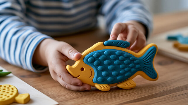 Child hands holding a colorful wooden fish puzzle, playing with educational toys on a wooden table, developing fine motor skills and cognitive abilities during early childhood playtime