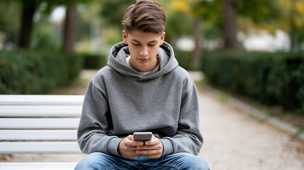 Fototapeta premium Teenage boy wearing casual hoodie and jeans sitting on park bench, engrossed in smartphone, browsing social media, texting, or gaming outdoors