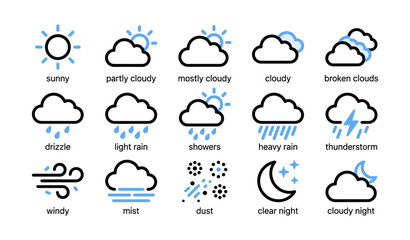 Obraz premium Weather condition icons showing various sky and precipitation states