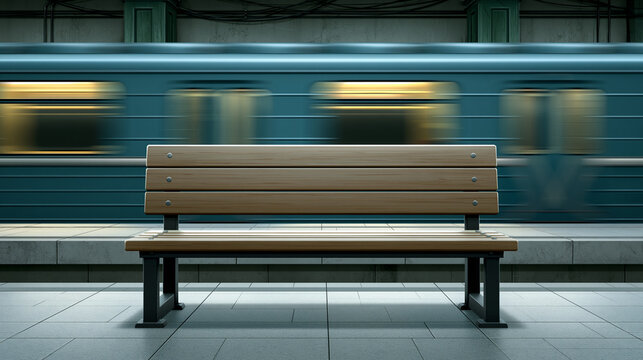 Empty wooden bench standing on a subway station platform with a blurred fast moving train passing by, representing urban transit, travel, and the rush of city life