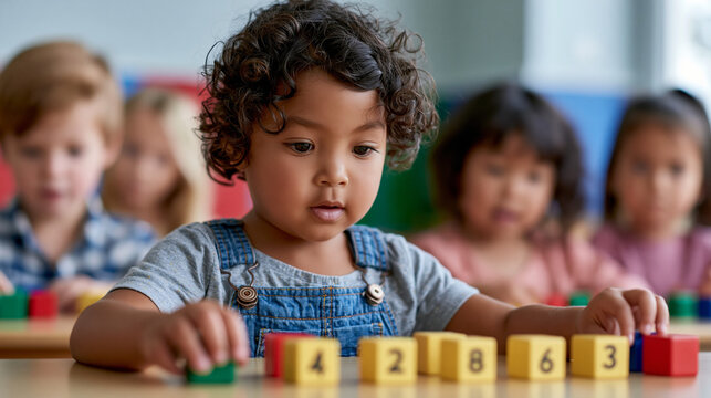 Young mixed race student focusing on numbers, learning math concepts with colorful wooden blocks in a vibrant classroom setting, developing early childhood education skills with classmates
