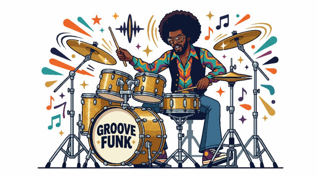 Afro drummer playing funk music with vintage drum kit and colorful sound waves