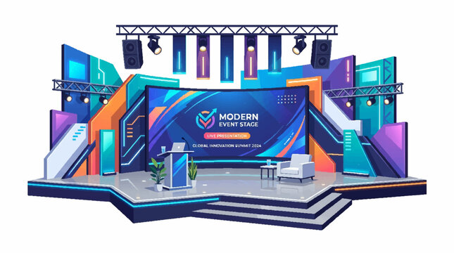 Futuristic Stage Design with LED Screen, Conference Setup, and Modern Lighting