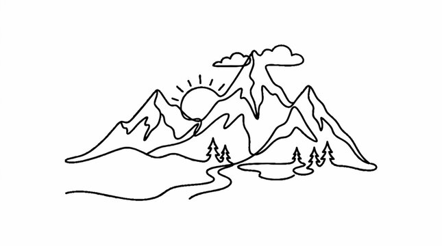 Minimalist mountain landscape with sunrise and river outline