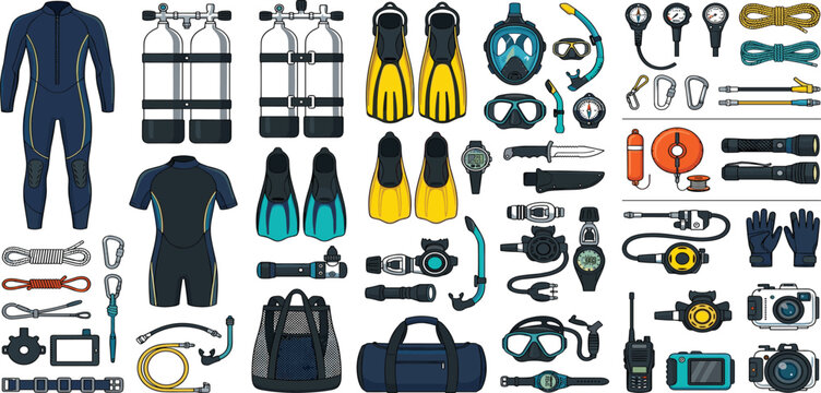 Professional scuba diving equipment and gear vector icon collection featuring wetsuits tanks fins and mask