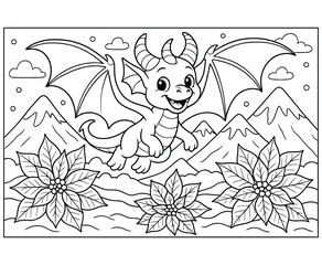 Fototapeta premium Cute dragon flying over poinsettia flowers with mountains in background coloring page.