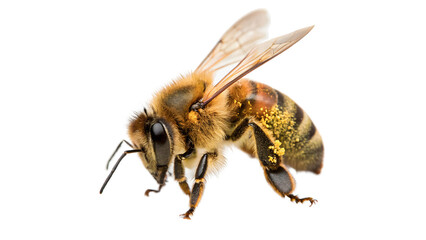 Close up profile portrait view of a wild honey bee isolated on transparent background cut out © zubr-png