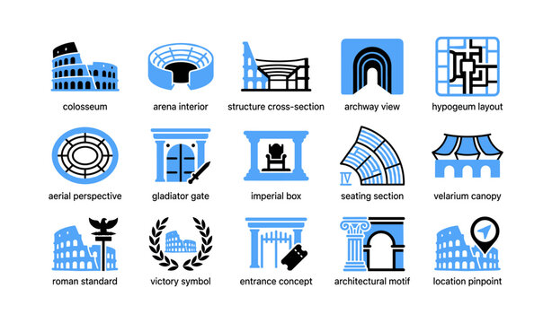 Colosseum and roman architecture icons arranged in grid on white