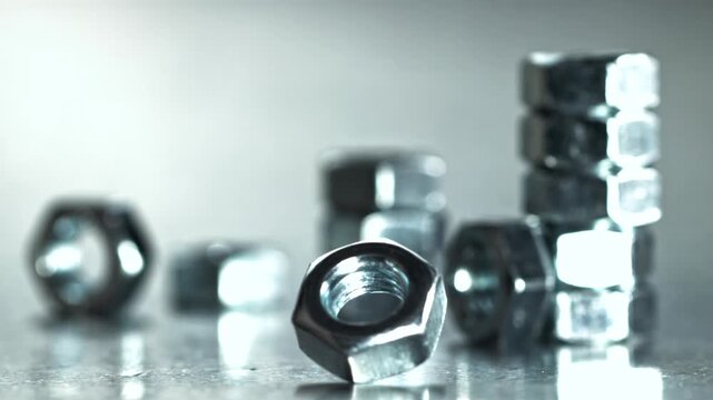 Closeup stacked hex nuts and loose pieces on reflective table, Filmed on a high-speed camera at 1000 fps.
