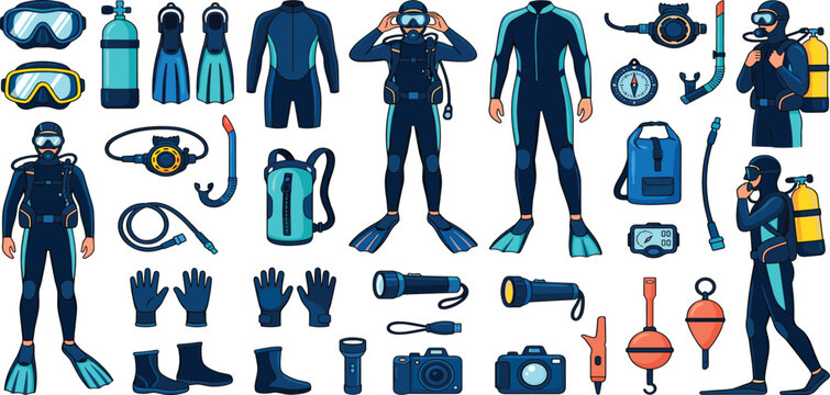 Scuba diving equipment vector illustration set featuring divers wetsuits mask fins snorkel and oxygen tanks