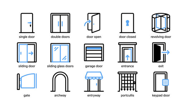 Various door and entrance icons showing door types on white
