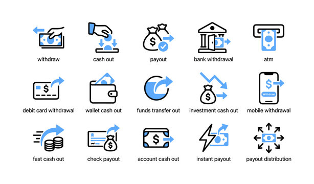 Cash withdrawal and payout icons in labeled grid layout