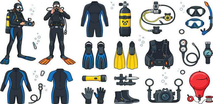 Scuba diving divers and equipment gear vector set featuring wetsuits mask fins oxygen tank