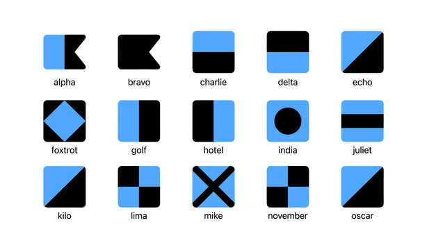 Phonetic alphabet flag icons arranged in grid on white background