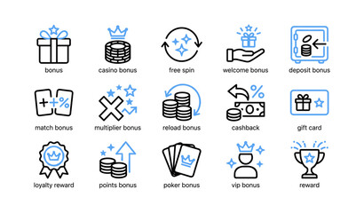 Fototapeta premium Bonus and reward icons set displaying casino and loyalty symbols