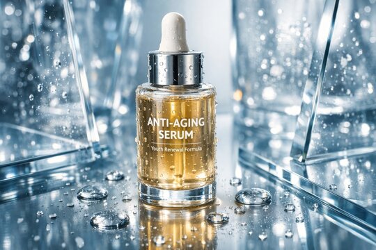 Luxury anti aging serum bottle with water drops glossy cosmetic skincare product premium beauty concept