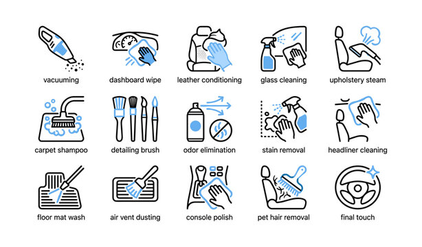 Car cleaning icons showing interior detailing tasks and tools