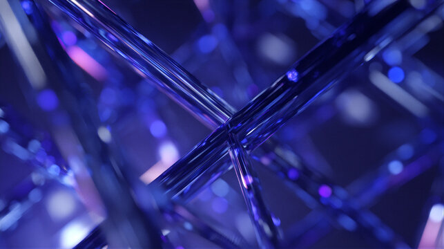 Futuristic 3D neural network with glowing crystal nodes and fiber optics in deep blue tech space. Cinematic lighting and ample copy space for AI presentations and corporate hero banners.