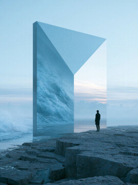 Surreal Broken Mirror on Rocky Coast Reflecting Stormy Sea and Clear Sky Contrast with Lone Figure in Black, Moody Photography with Analog Grain