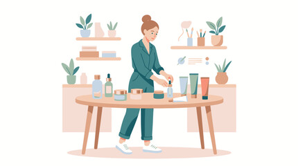 Fototapeta premium Female Entrepreneur Arranging Skincare Products in a Modern Beauty Studio.