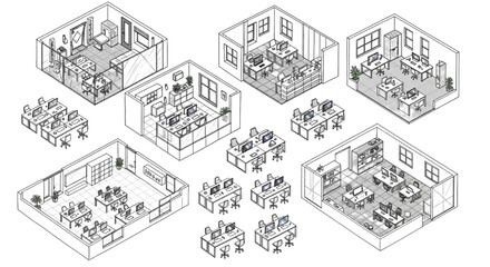Fototapeta premium Technical Office Workspace Vector Pack with Isometric Interior Layout and Workstation Designs