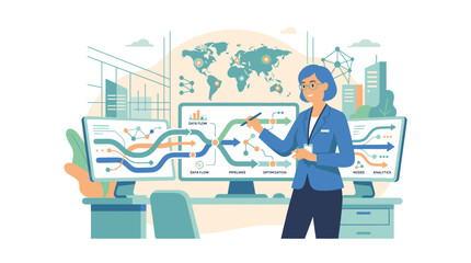 Naklejka premium Professional Businesswoman Analyzing Complex Data on Multiple Screens for Strategic Planning.