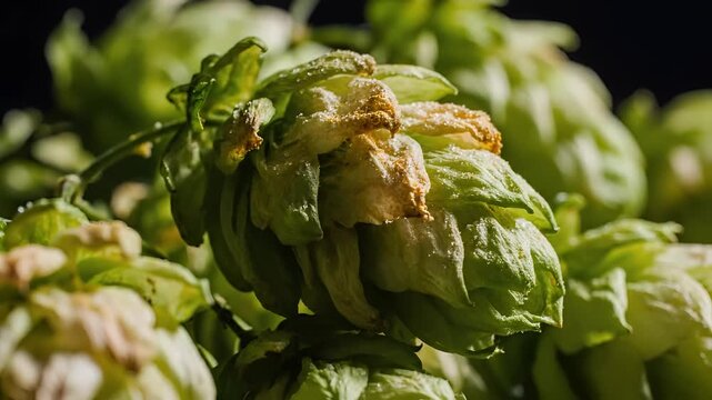 Closeup of Fresh Green Hops Cones Ready for Brewing.