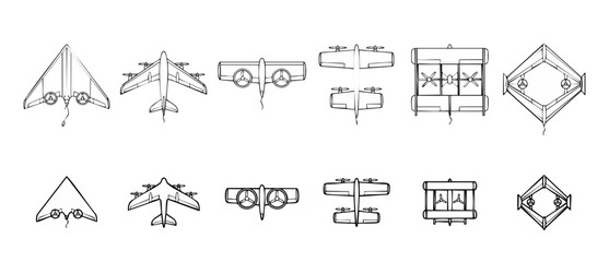 Obraz premium Drone vector line icons pack showing top view unmanned aerial vehicles for aerospace technology engineering, blueprint style aircraft and futuristic quadcopter designs on clean white background.