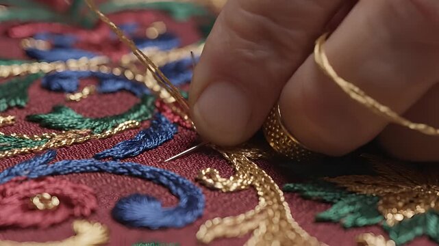 Closeup of Hand Embroidering Intricate Floral Pattern with Gold Thread.