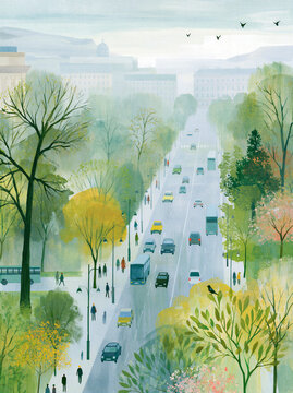 Charming European City Landscape Painting with Trees, Traffic, Buses, People and Birds in a Scenic Urban Street Scene