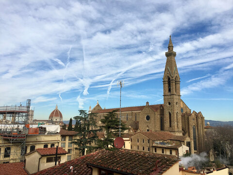 Basilica di Santa Croce (Basilica of the Holy Cross) and city skyline with the Duomo in the distance, Florence, Centro Storico, Italy