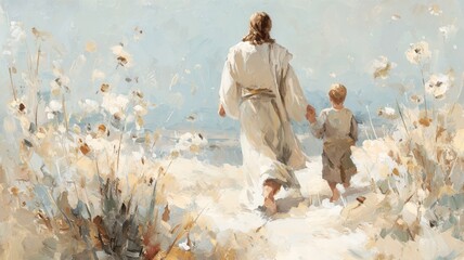Obraz premium Jesus walking hand in hand with a child along a winding path through a sunlit field, symbolizing and guidance faith spiritual