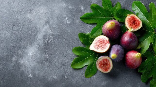 Ripe common fig fruits and fresh green leaves creating a healthy food border on background textured dark