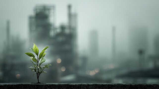 Green plant striving for life growing through concrete with background industrial blurred city