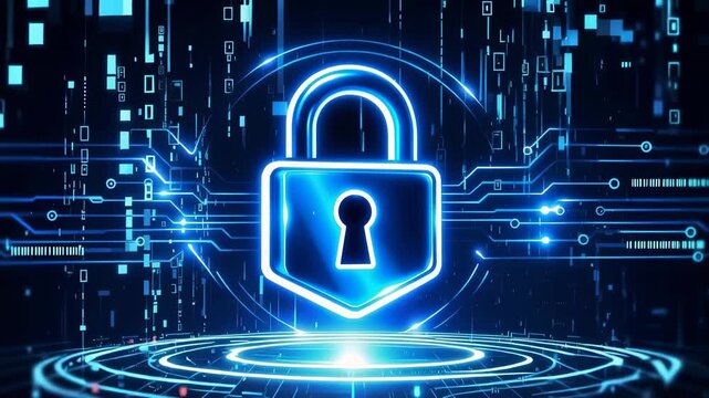 Digital security lock with glowing cyber network in futuristic technology and data protection concept