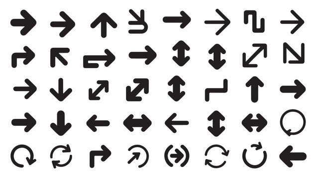 Black arrow icon set with various directions shapes and curves on transparent background.