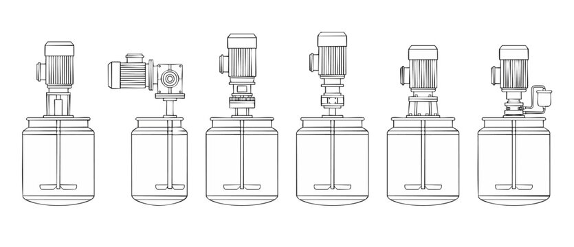 Industrial mixer agitator vector outline drawing of basic chemical reactors with electric motors, impellers, stirred tanks for engineering, manufacturing, and laboratory process diagrams, isolated.