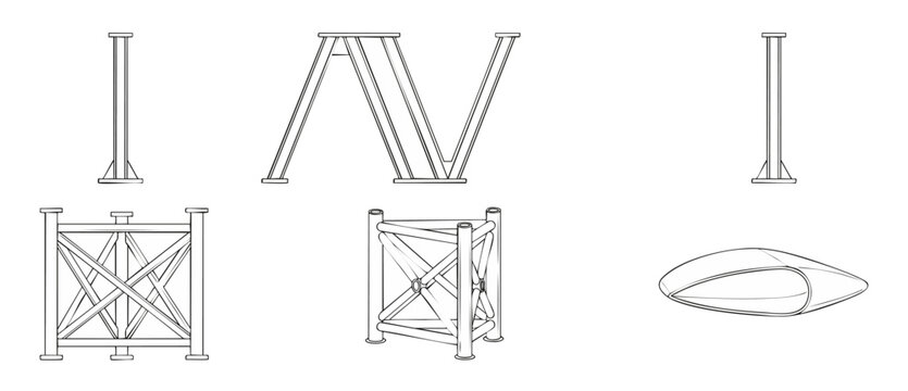 Structural truss line vector diagrams showing metal girder construction elements and steel frame support components for architectural engineering blueprints in clean minimalist technical drawing style