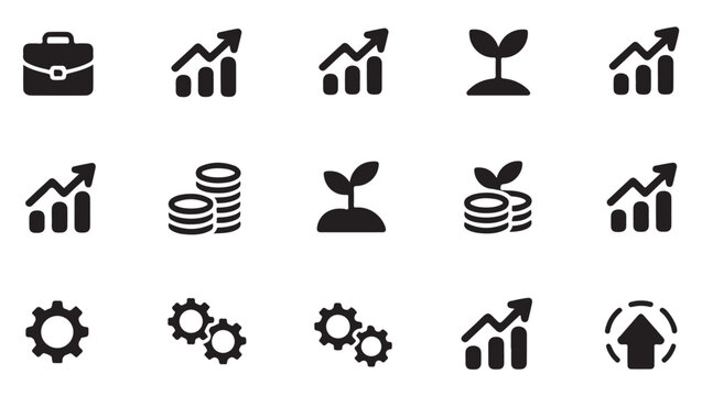 Business finance icons set featuring growth charts coins briefcases and gear components UI.