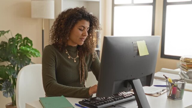 Woman writing in notebook at desk with computer monitor and keyboard, pen in hand, turning page while seated in studio; focused productivity.