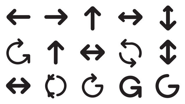 Set of black arrow and refresh icons with different directions and shapes vector illustration.