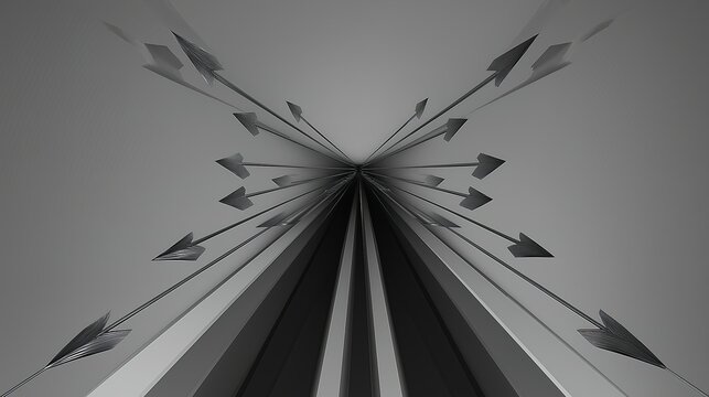converging. Sleek metallic arrows decreasing in size, converging to a point. product launch decks, UI/UX mockups, designed for data visualization dashboards and holographic UIs, used by researchers.
