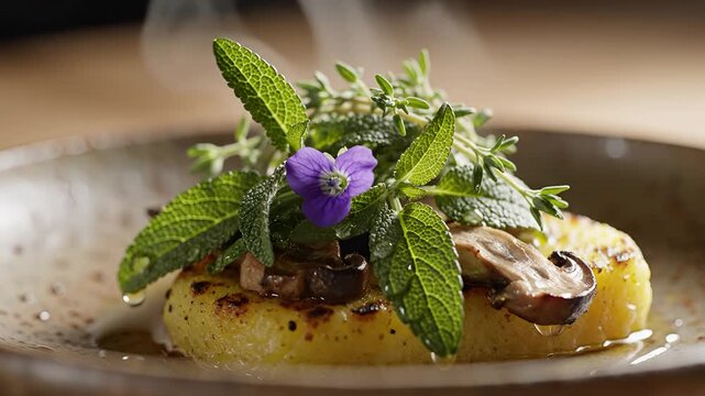 Gourmet Potato Dish with Fresh Herbs and Mushrooms Steaming.