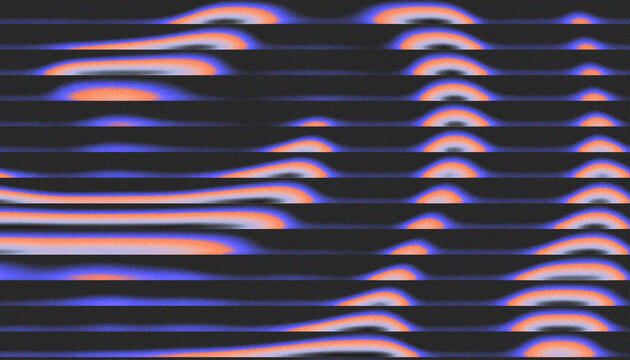 Abstract retro horizontal scanlines background with neon orange and blue wavy parallel ridge shapes and grainy noise texture