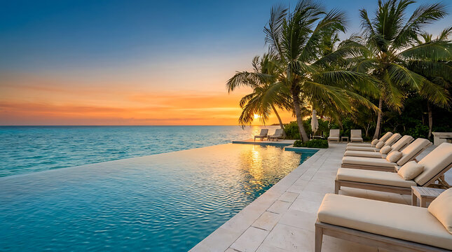 A serene infinity pool overlooking the ocean at sunset with palm trees and lounge chairs