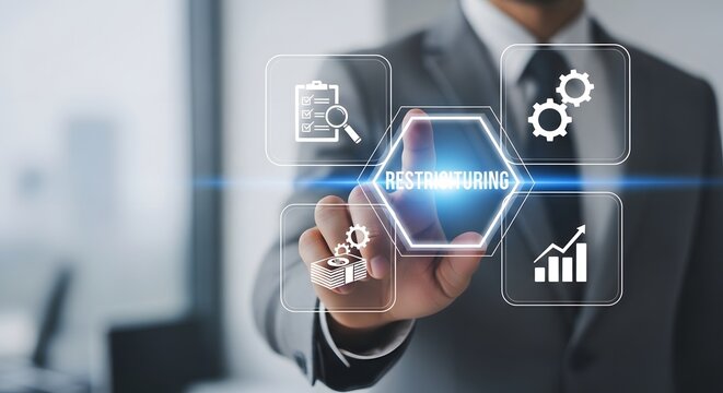 Business restructuring concept with digital interface and financial analysis elements