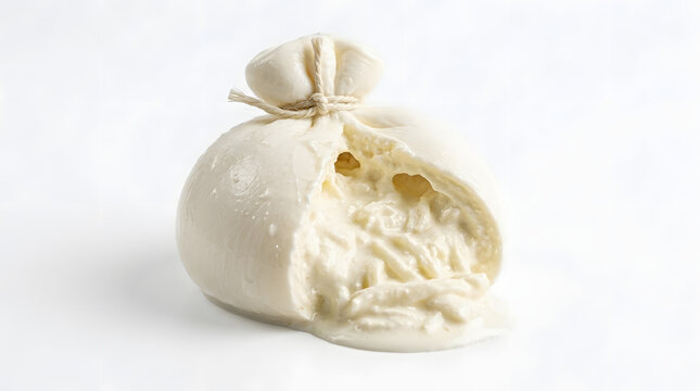 A whole Italian Burrata cheese ball, broken open to reveal creamy stracciatella inside, on a white background